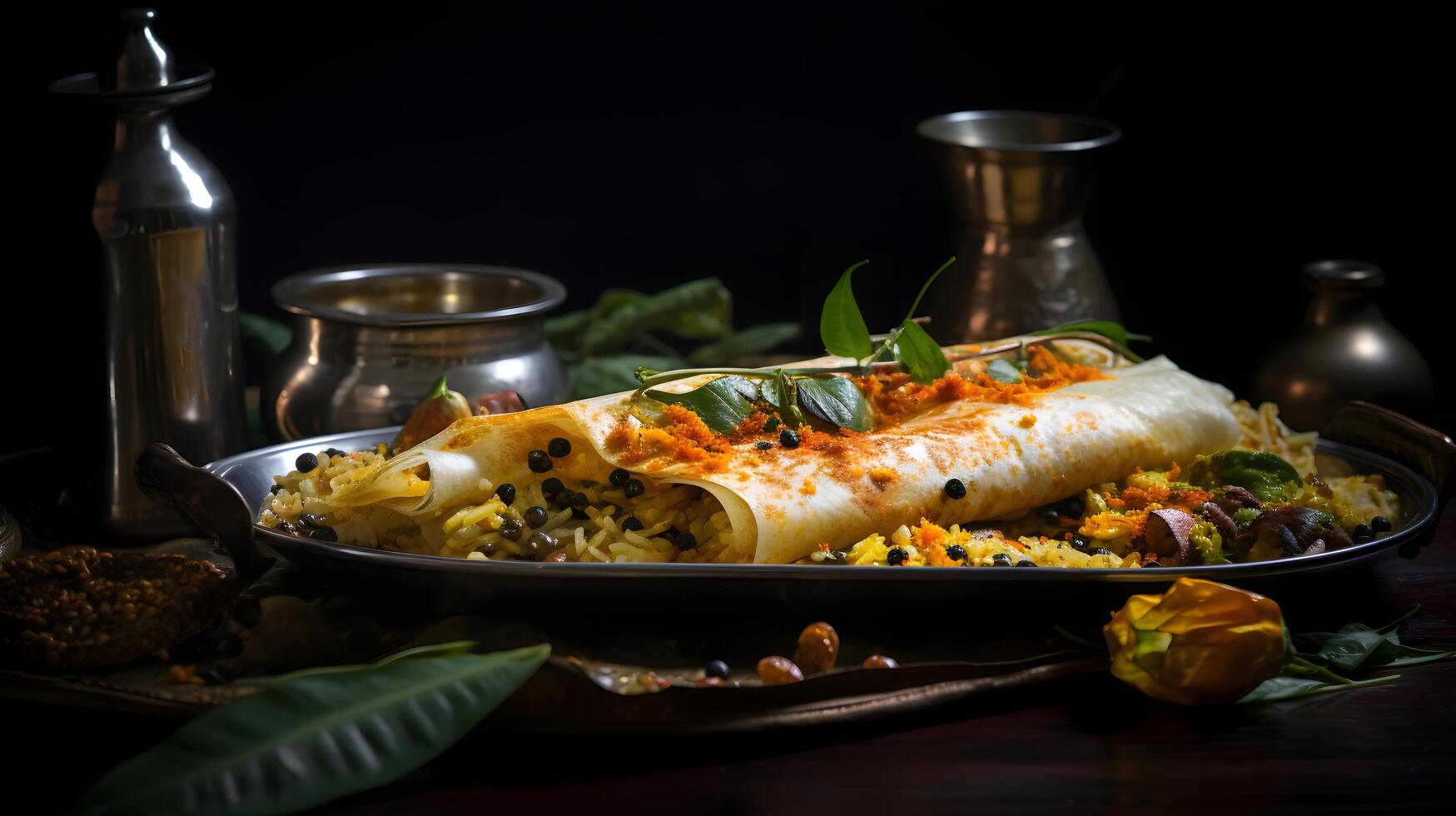 aromatic Indian food called masala dosa on a vintage steel tray in a bustling South Indian cafe Ai Generative photo