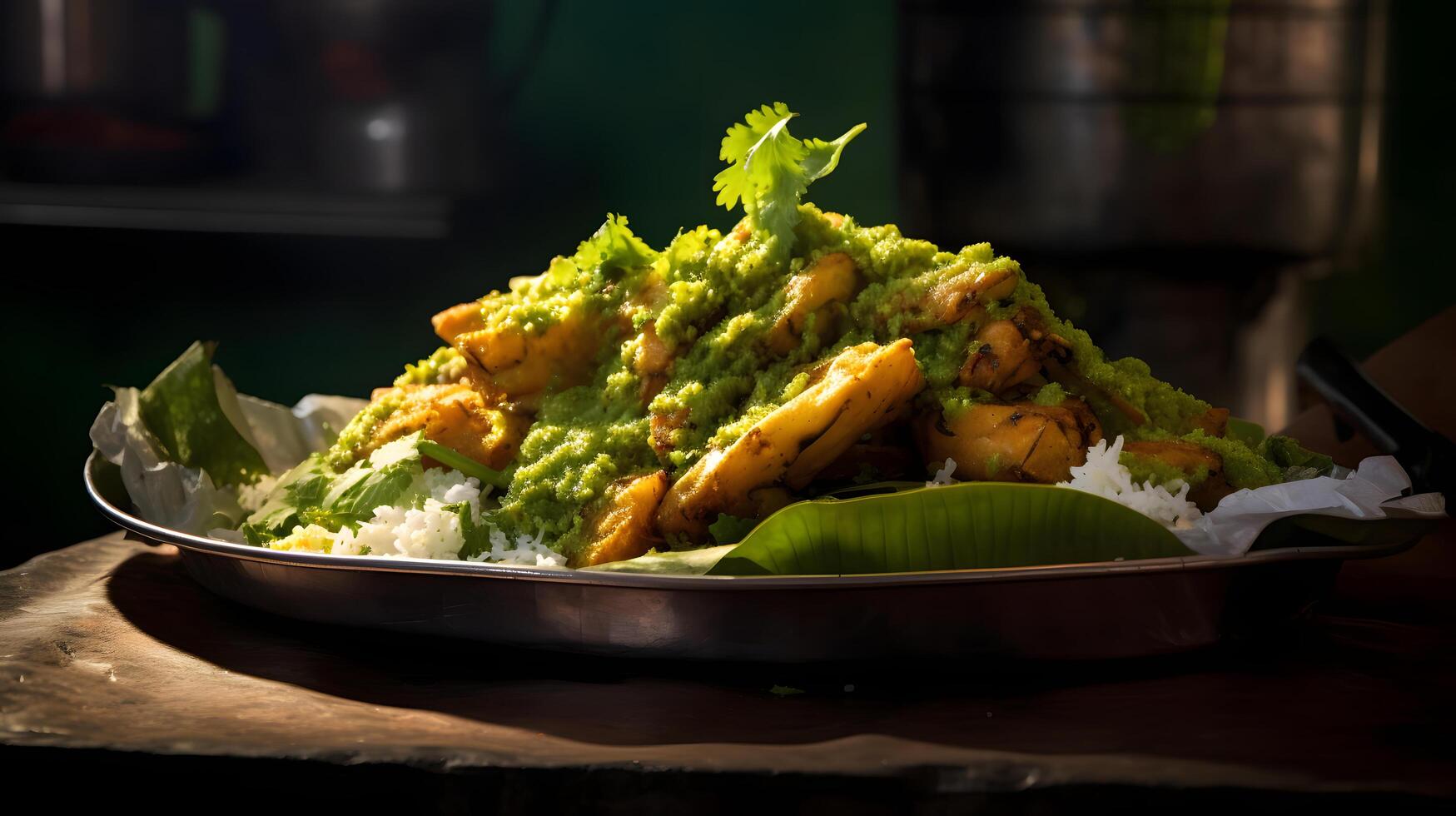 Indian food called vegetable biryani on  an ornate ceramic platter  in an opulent Indian restaurant. AI Generative photo