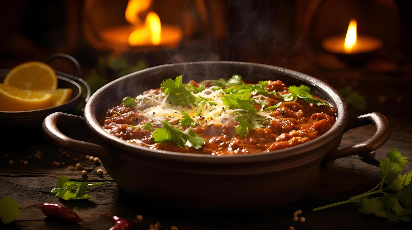 Steaming Indian food called dal makhani on a rustic clay bowl in an authentic Punjabi kitchen AI Generatve photo