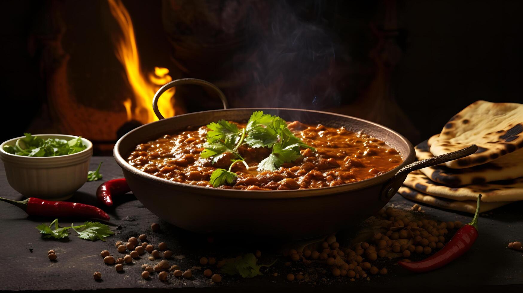 Steaming Indian food called dal makhani on a rustic clay bowl in an authentic Punjabi kitchen AI Generatve photo