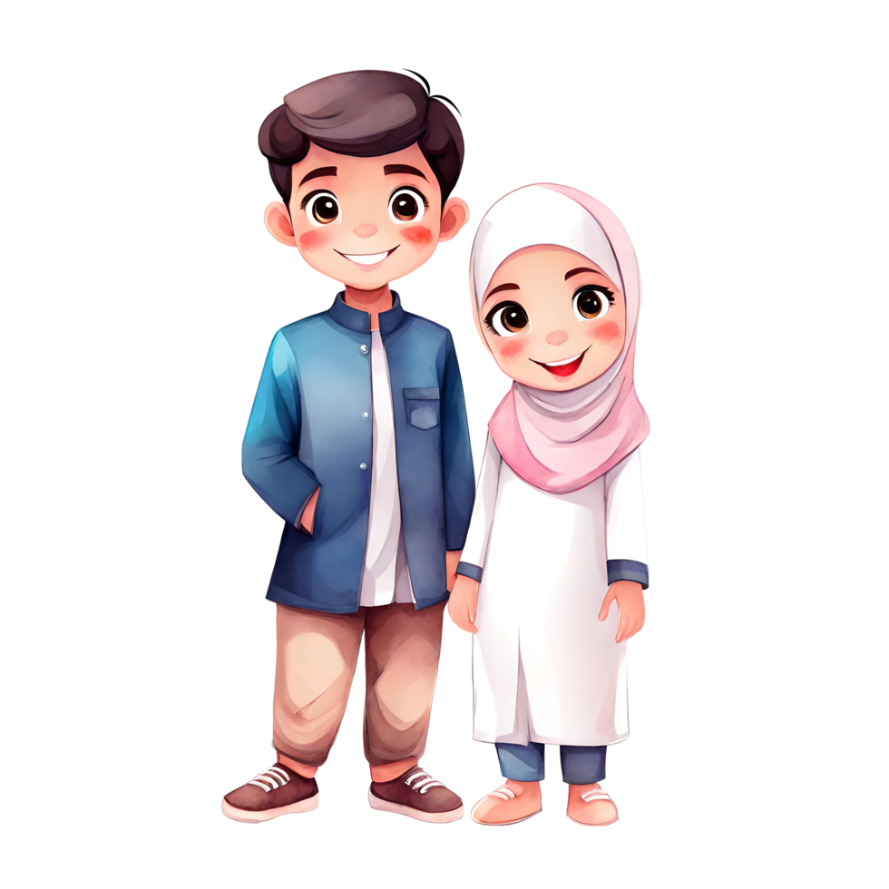 Cute Adorable Muslim Couple Simple Cartoon Clipart Isolated Transparent Ai Generative Illustration png