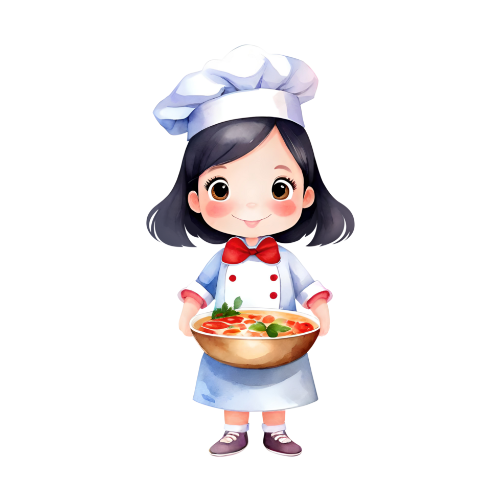 linda adorable pequeño cocinero servicio un cuenco de delicioso comida aislado transparente ai generativo clipart png