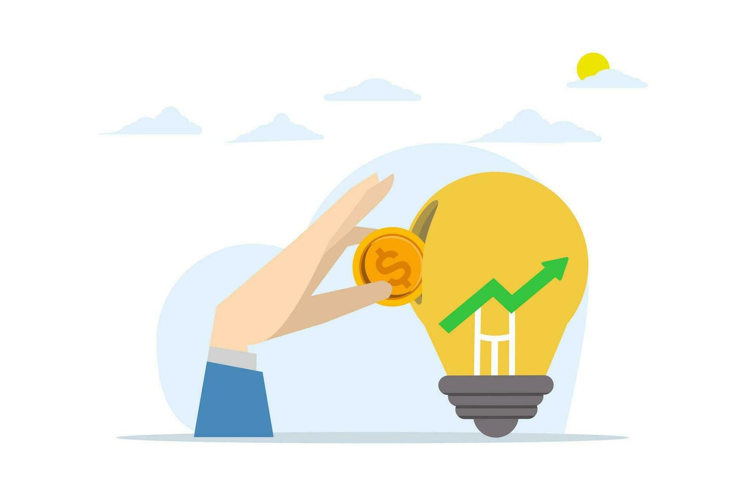 Concept of investing in growth stocks, mutual funds or growth money, savings, retirement funds or increasing profits from stock market, businessman inserting coins into growth chart light bulb. vector