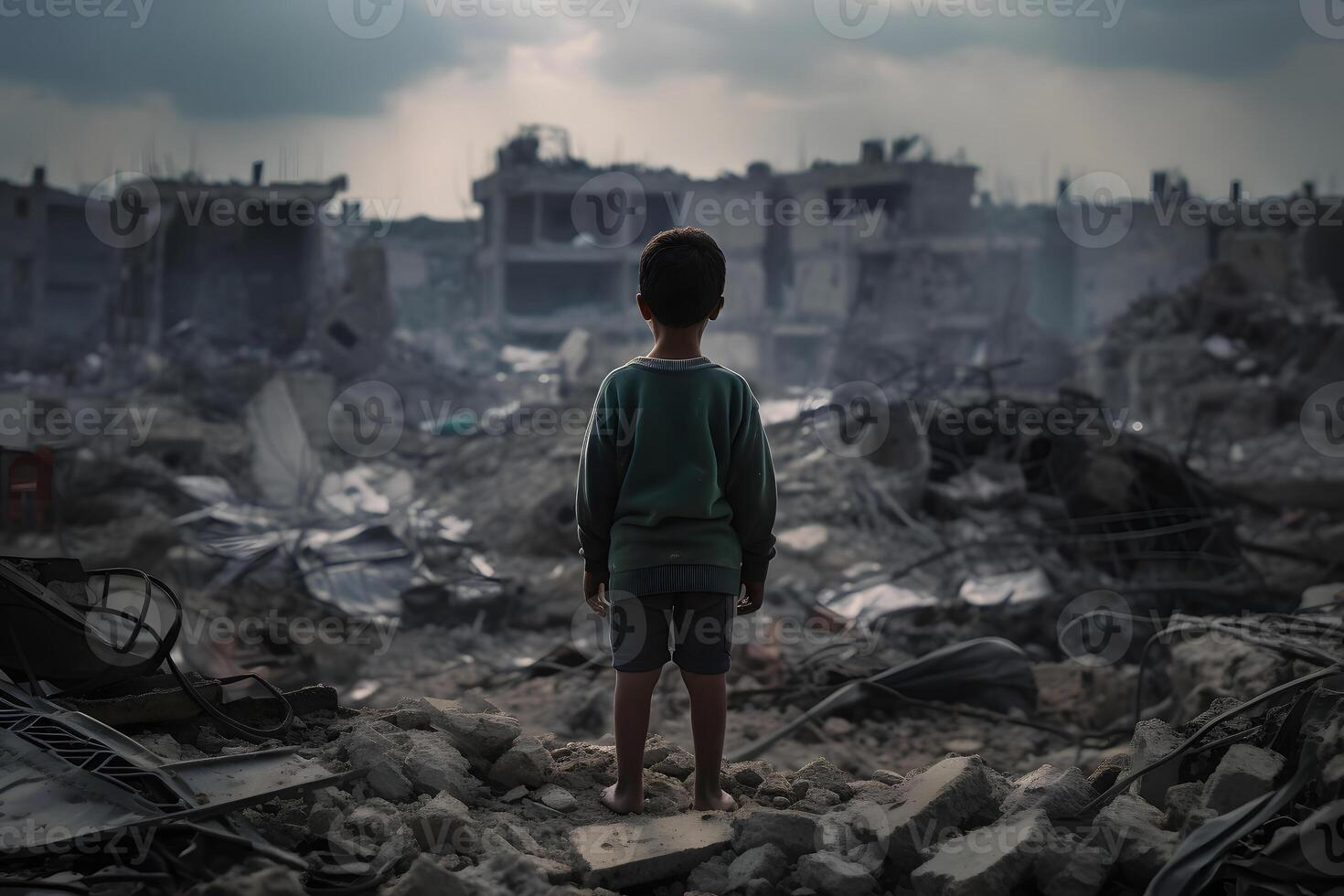 A child is standing in front of a destroyed building because of the war. AI Generative Image photo