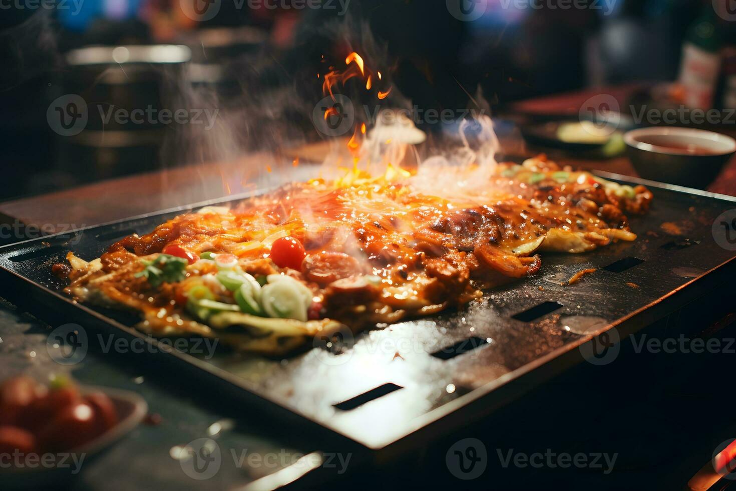 Okonomiyaki in hot griddle in casual teppanyaki eat  AI Generative photo