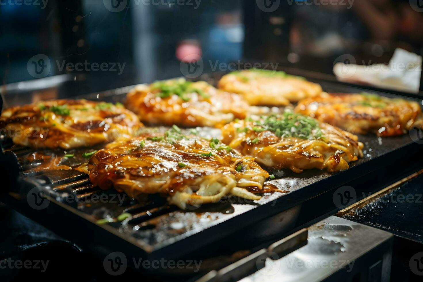 okonomiyaki en caliente plancha en casual teppanyaki comer ai generativo foto