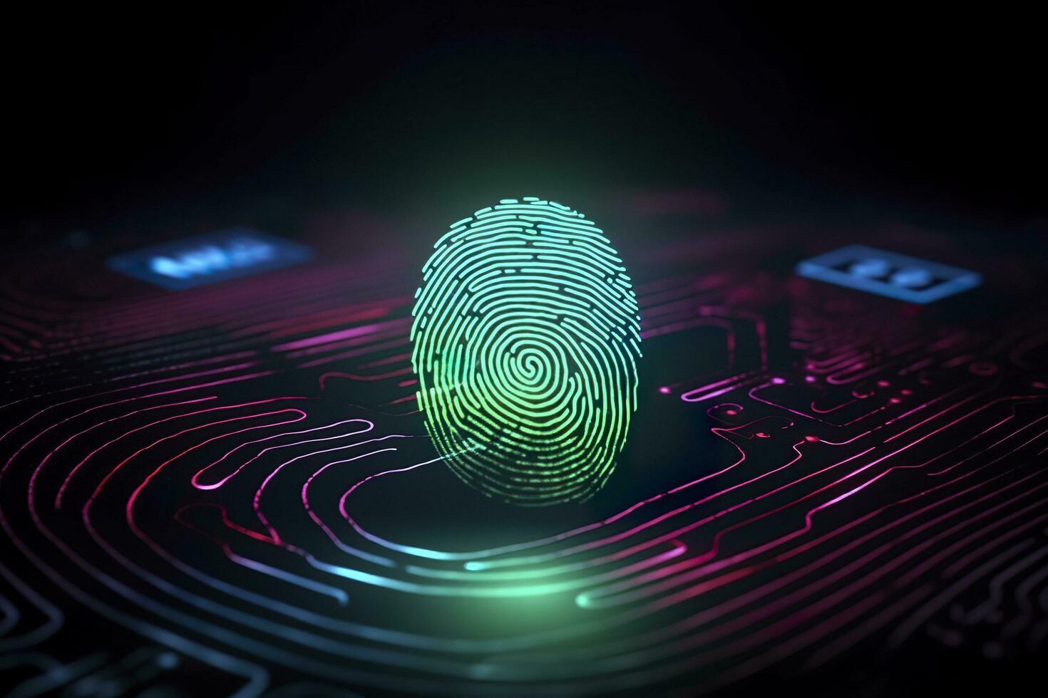 Fingerprint Authentication Button. Biometric Security. Identification and cyber security concept. Glowing neon fingerprint on dark background. AI Generative photo