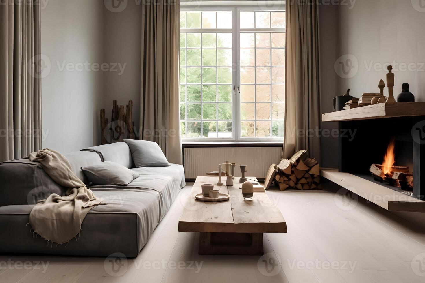 vivo habitación con un rústico escandinavo interior estilo, un gris canapé sofá es metido siguiente a un hogar ai generado imagen foto