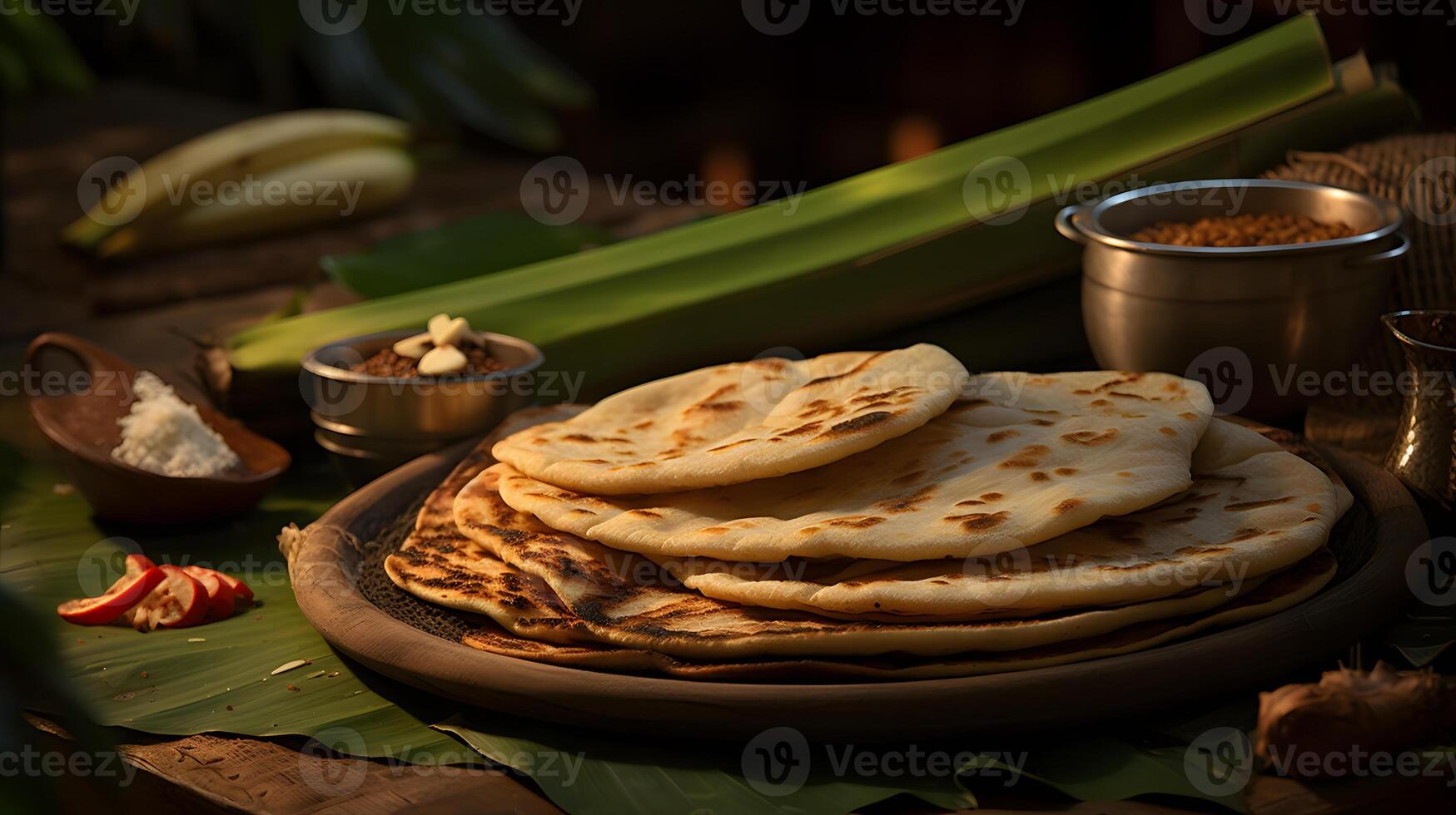 freshly baked Indian food called naan bread on a woven banana leaf in a rustic Indian kitchen with an earthy color theme AI Generative photo