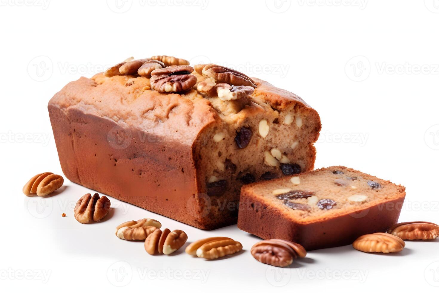 Delicious date and walnut loaf cake isolated on white AI Generative photo