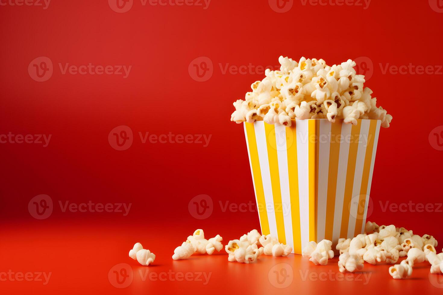 Popcorn in striped paper cup with color background for copyspace AI Generative photo