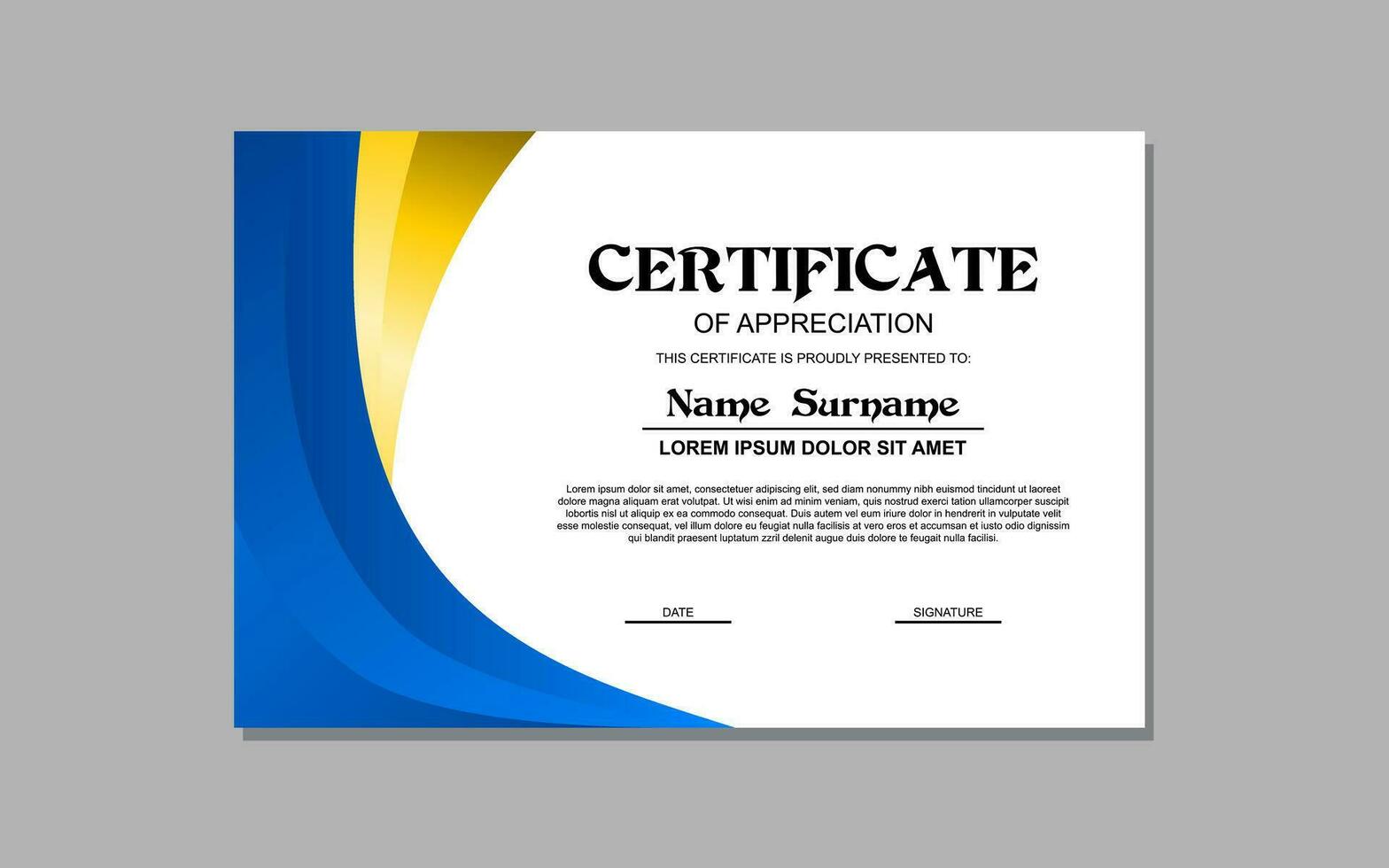 certificate template in blue and gold colors for business and education appreciation abstract style vector