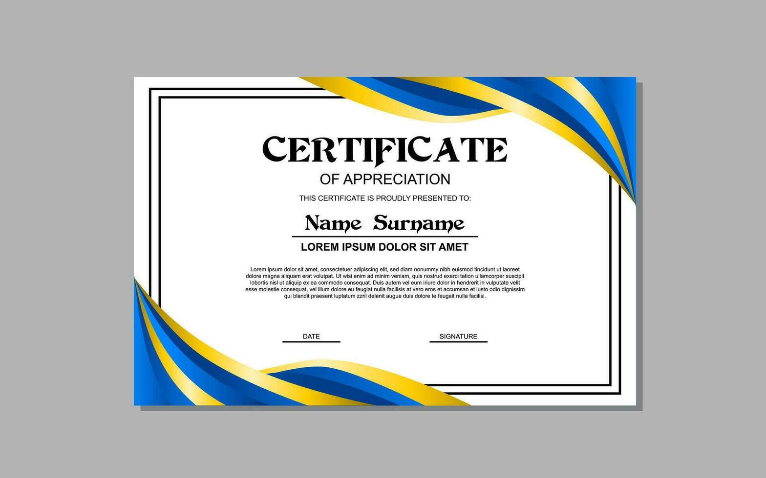 certificate template in blue and gold colors for business and education appreciation abstract style vector