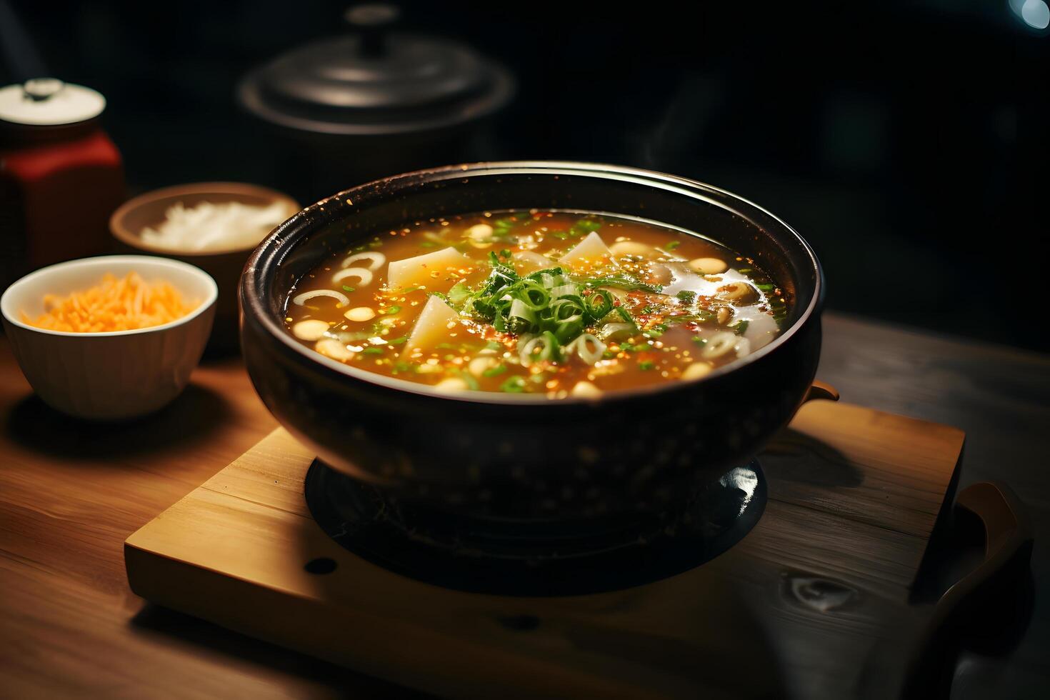 Miso soup in ceramic bowl in family-owned sushi restaurant AI Generative photo