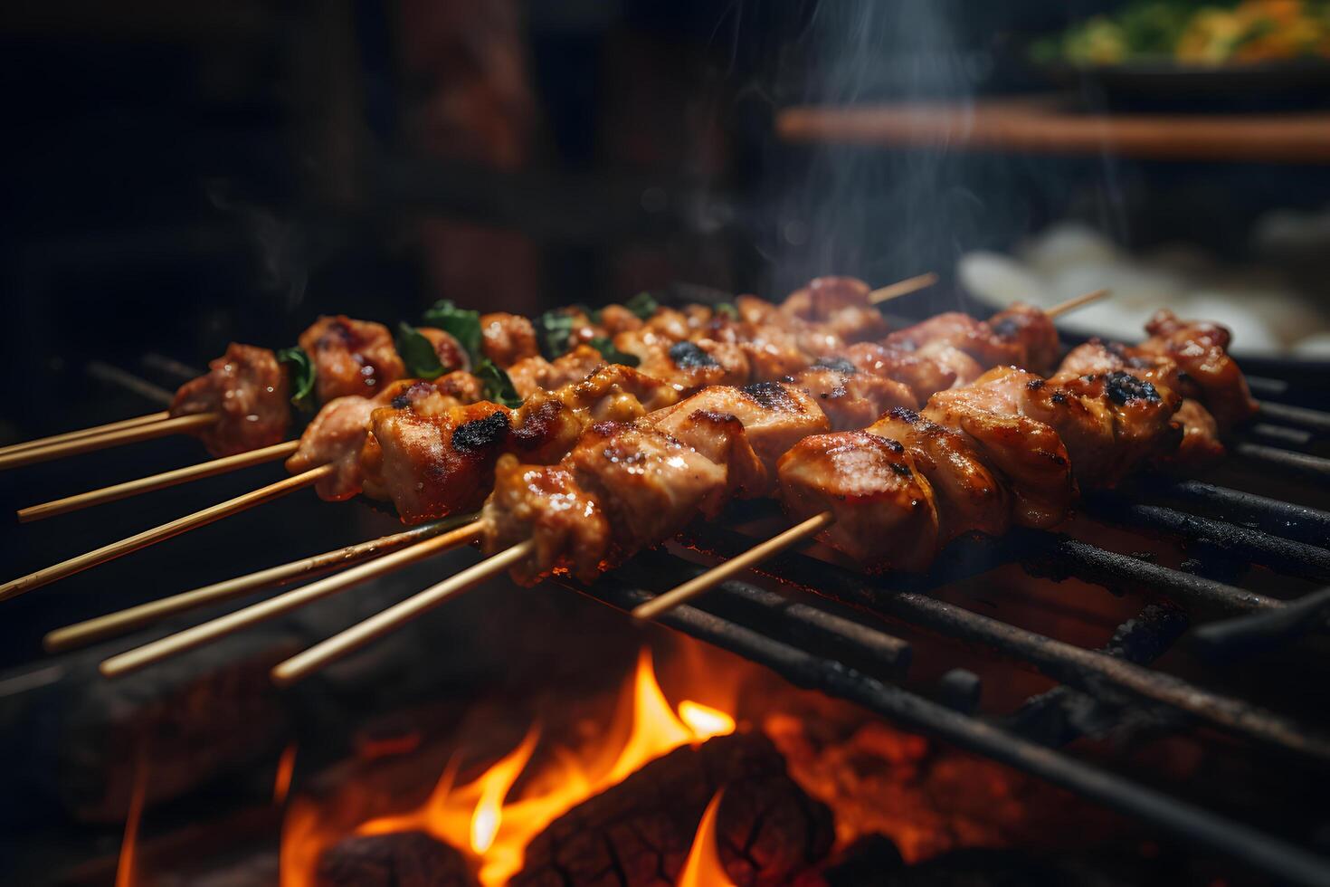 Japanese Food - Yakitori in bamboo skewers in izakaya atmosphere  AI Generative photo