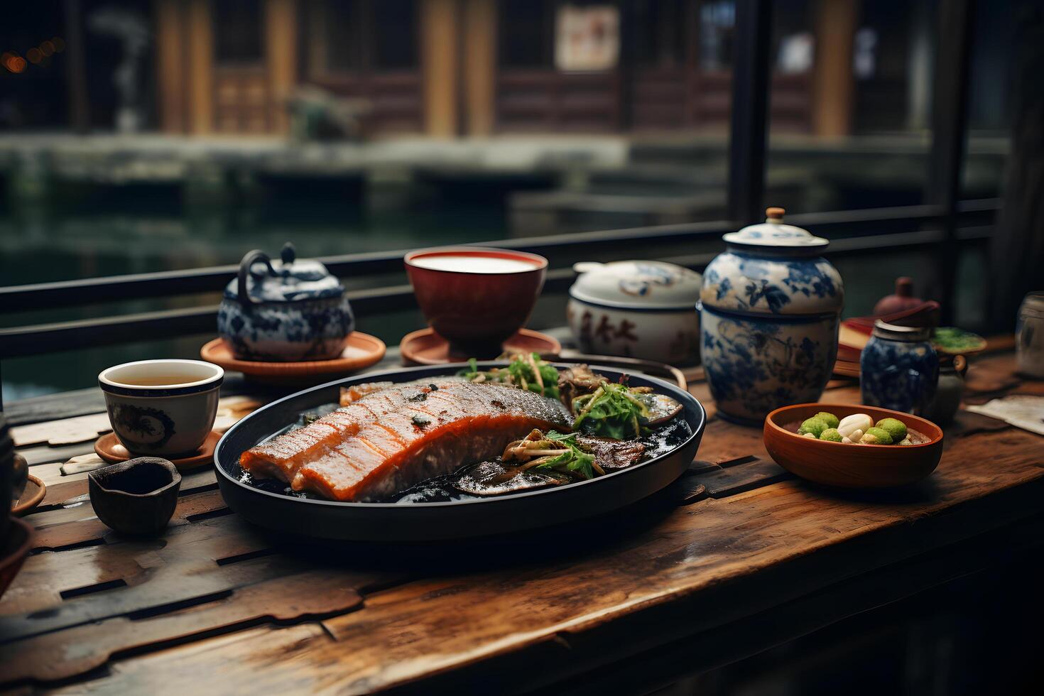 japonés comida - unagi en tradicional laca en histórico orilla restaurante ai generativo foto