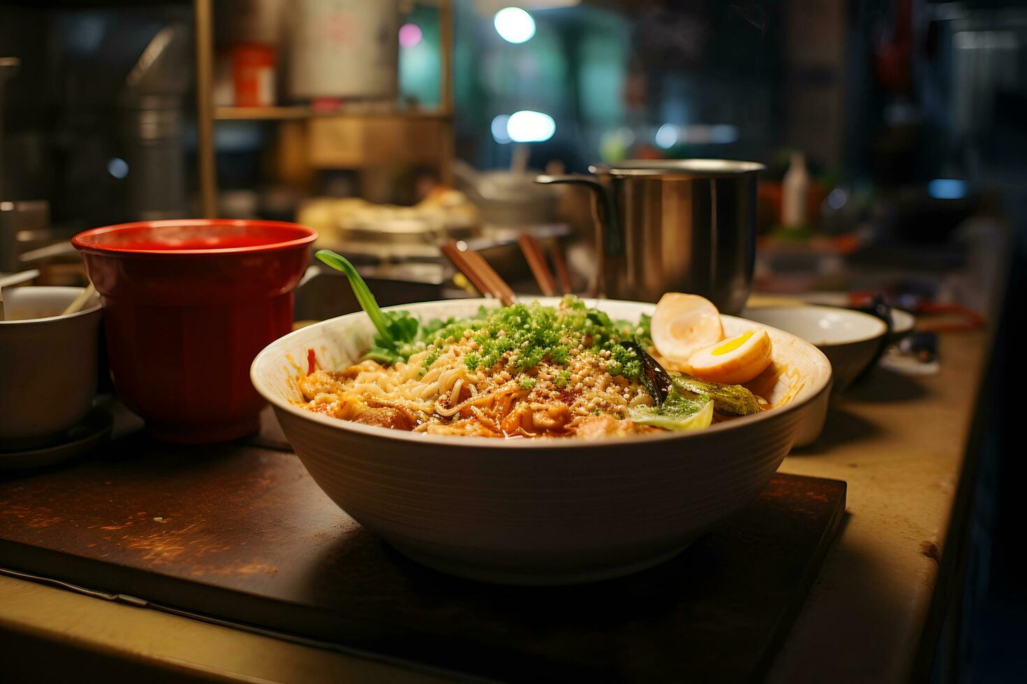 japonés comida - ramen en tradicional cerámico cuenco en ramen tienda cocina ai generativo foto