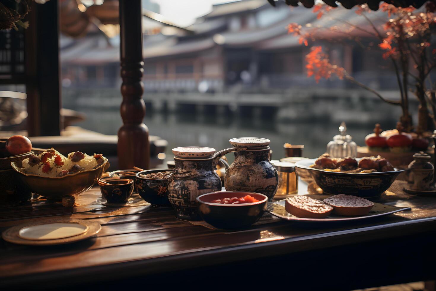 japonés comida - unagi en tradicional laca en histórico orilla restaurante ai generativo foto
