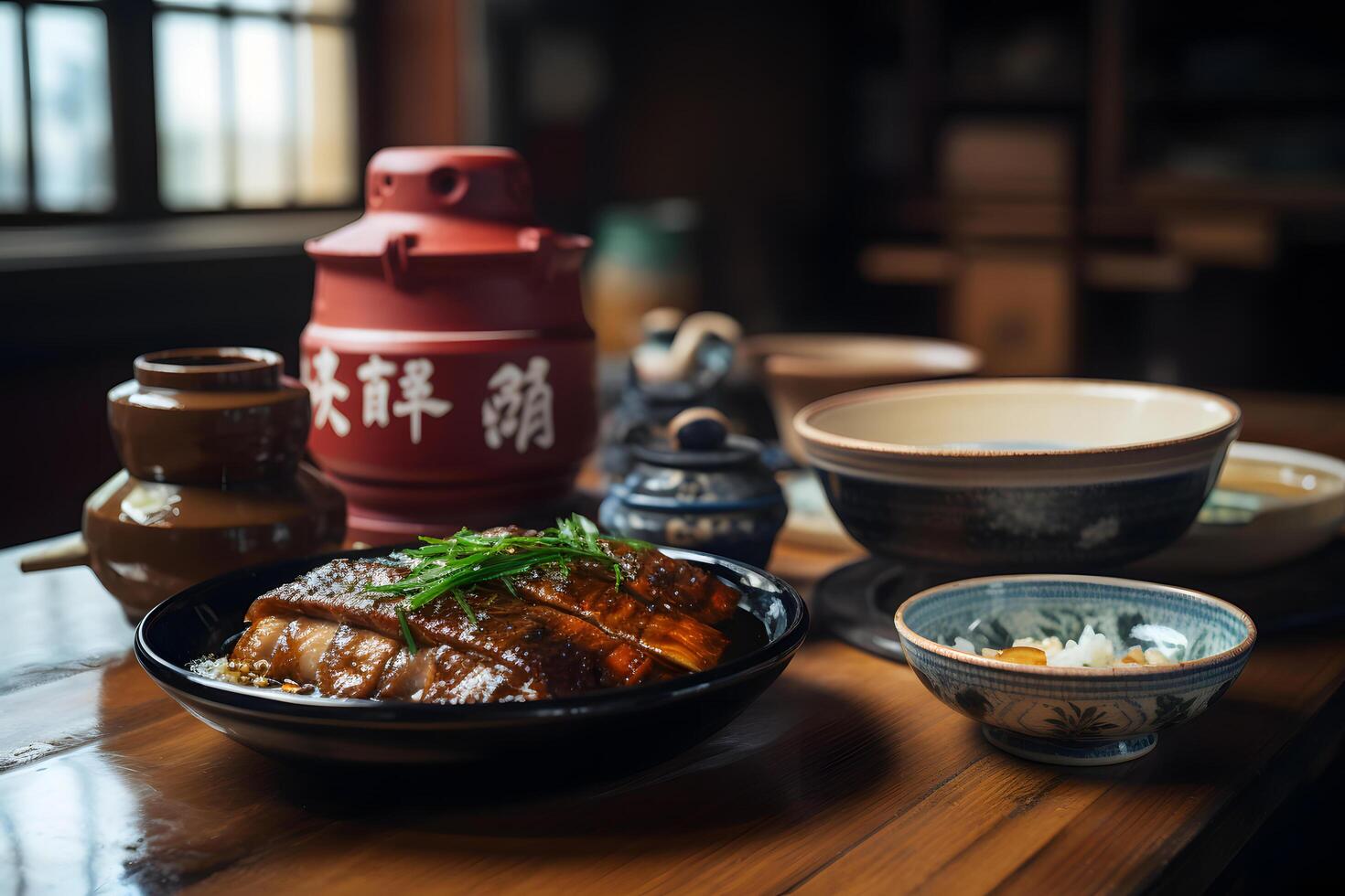 Japanese Food - Unagi in traditional lacquerware in historic riverside eatery  AI Generative photo