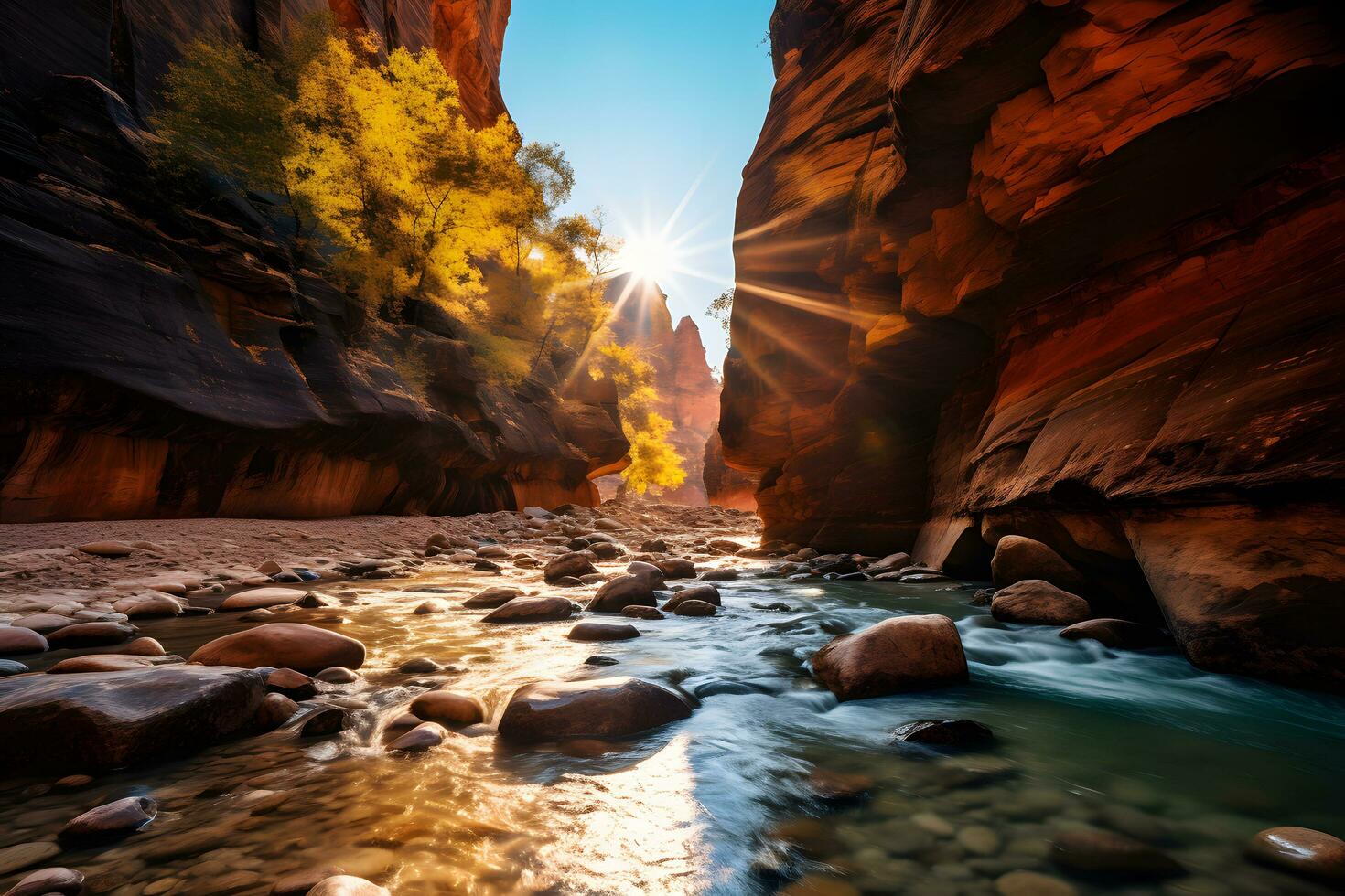 River Between Rock Cliffs - zion national park in utah in dappled sunlight AI Generative photo