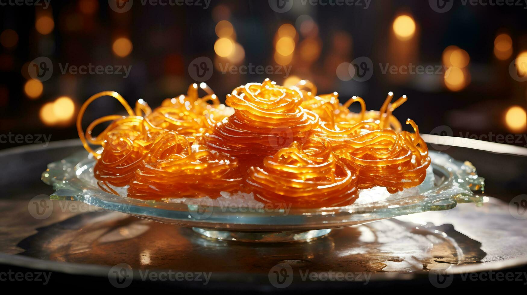 Indian food called sweet jalebi on a glistening glass platter in a festive Indian market with a vibrant color theme AI Generative photo