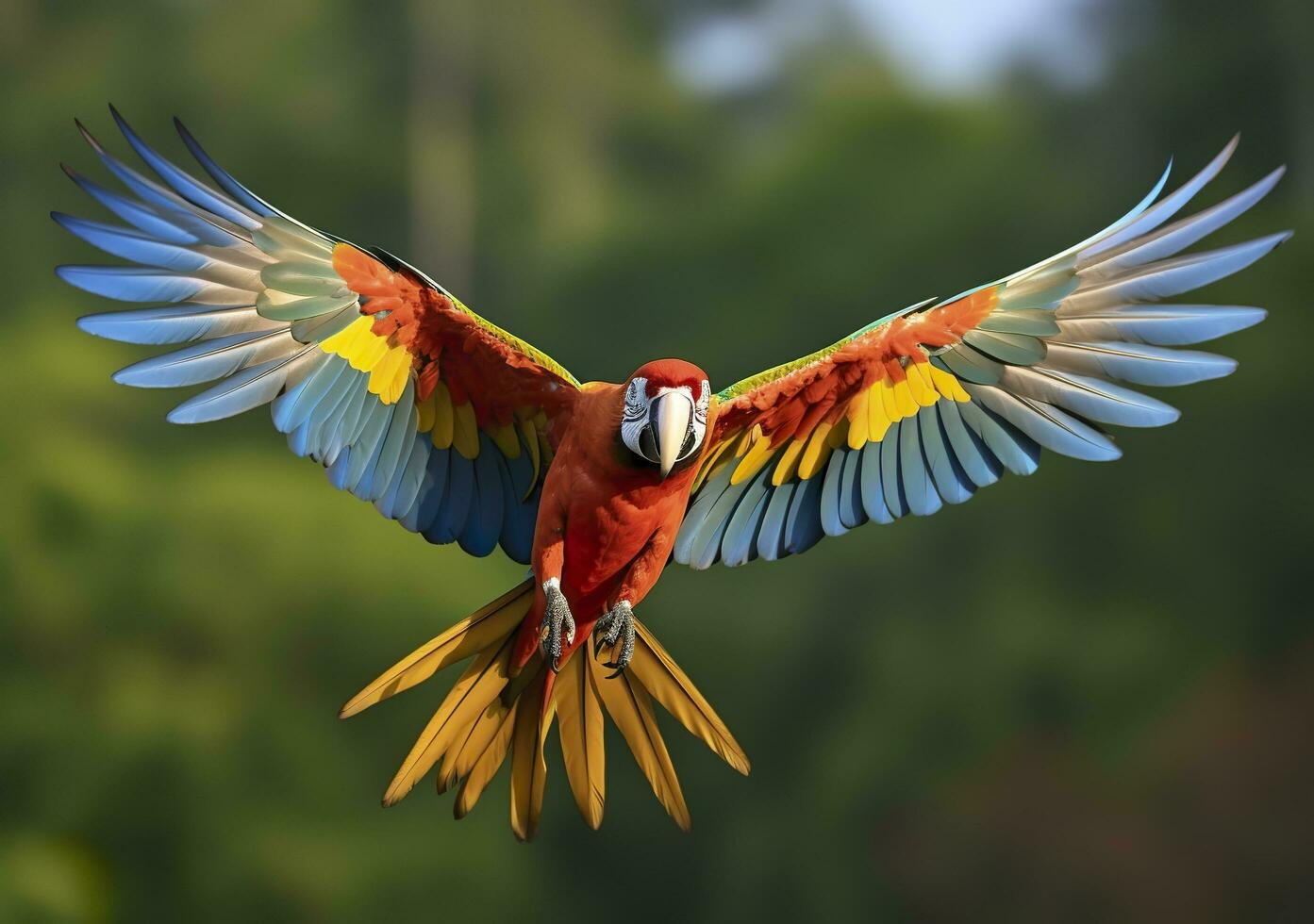 Flying macaw, beautiful bird. Generative AI photo