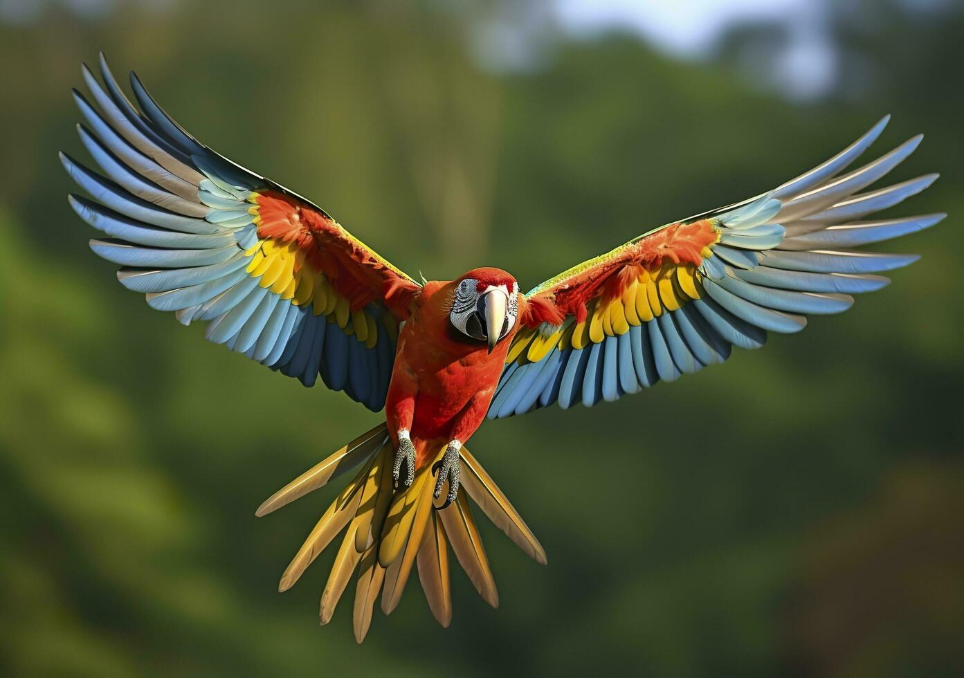 Flying macaw, beautiful bird. Generative AI photo