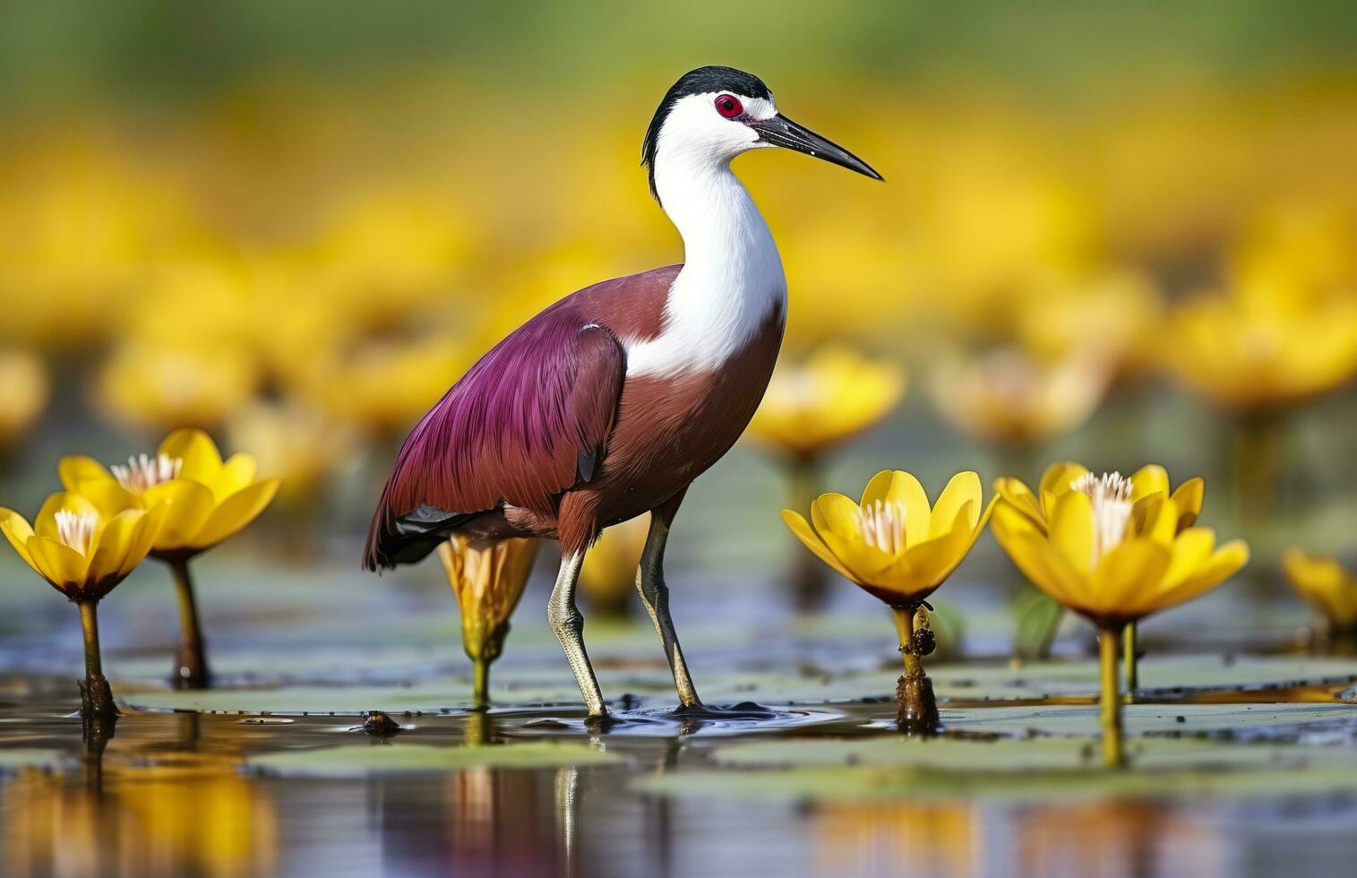 Colorful African wader with long toes next to violet water lily in water. Generative AI photo