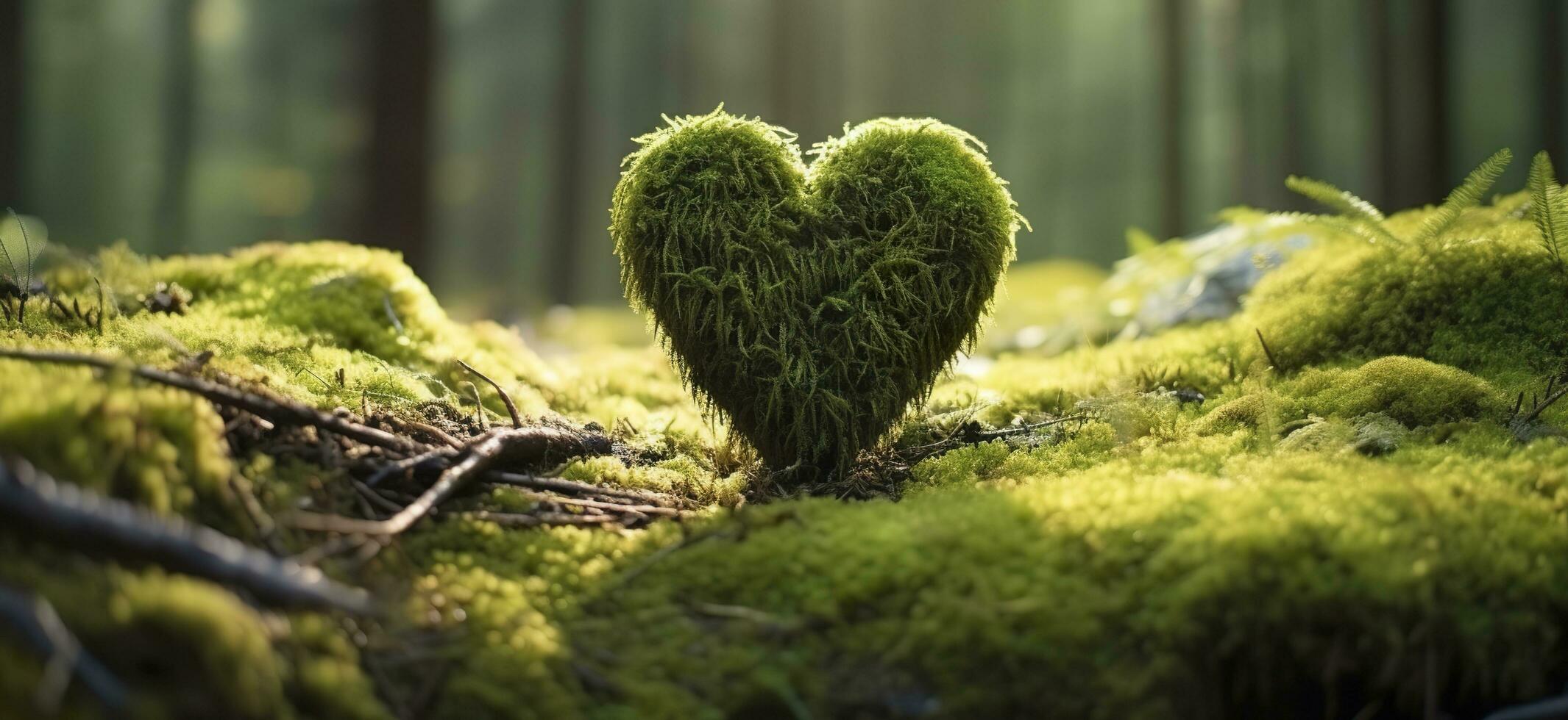 Closeup of wooden heart on moss. Natural burial grave in the woods. Generative AI photo