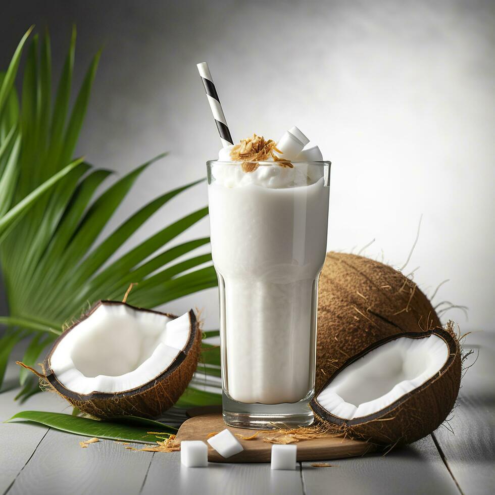 Coconut milk shake glass with fresh sliced coconut. Generative AI photo