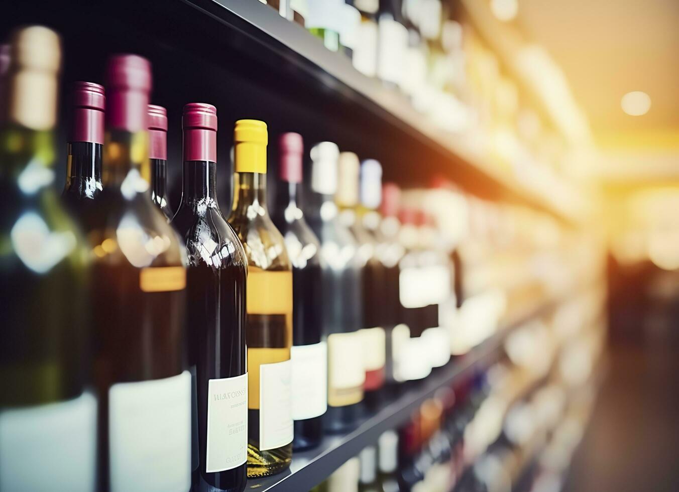 Abstract blur wine bottles on liquor alcohol shelves in supermarket store background. Generative AI photo