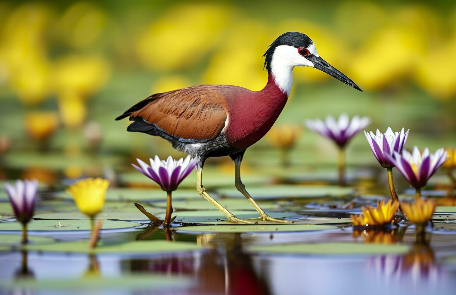 Colorful African wader with long toes next to violet water lily in water. Generative AI photo