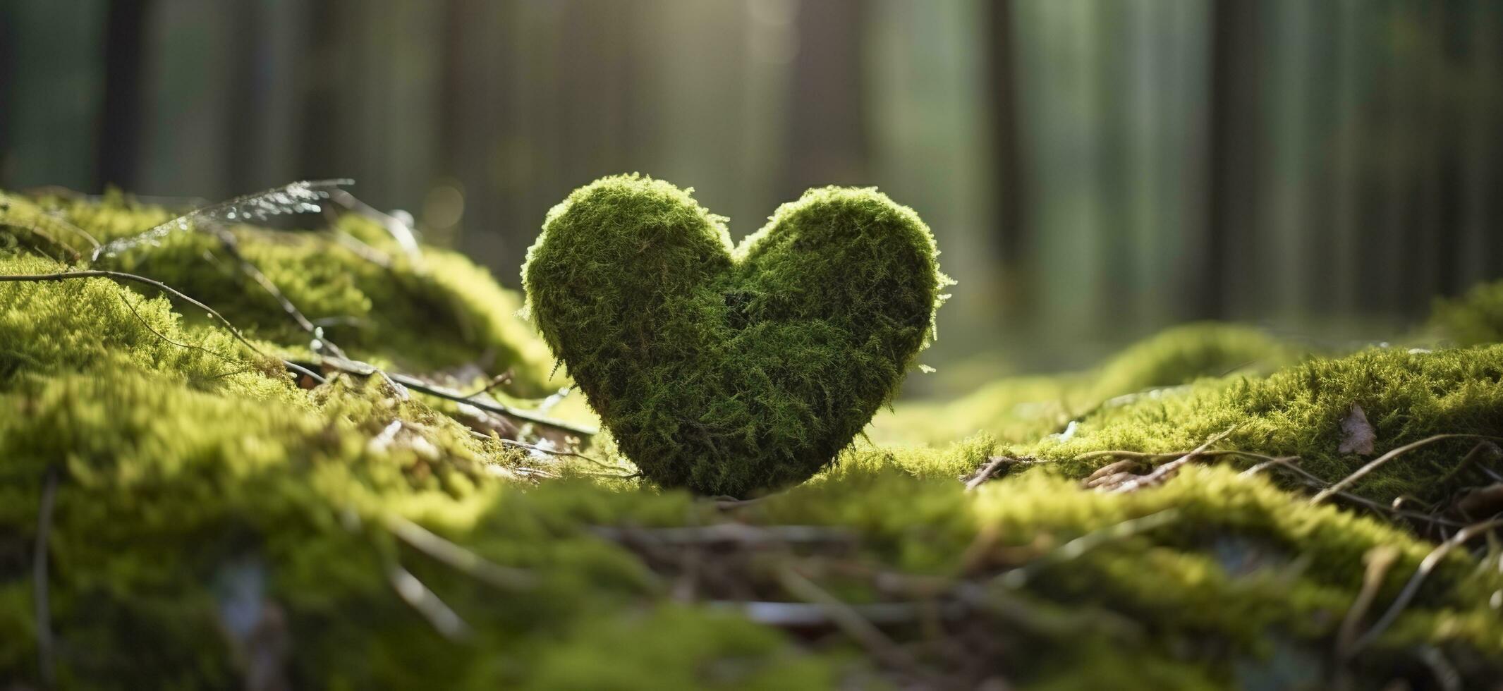 Closeup of wooden heart on moss. Natural burial grave in the woods. Generative AI photo