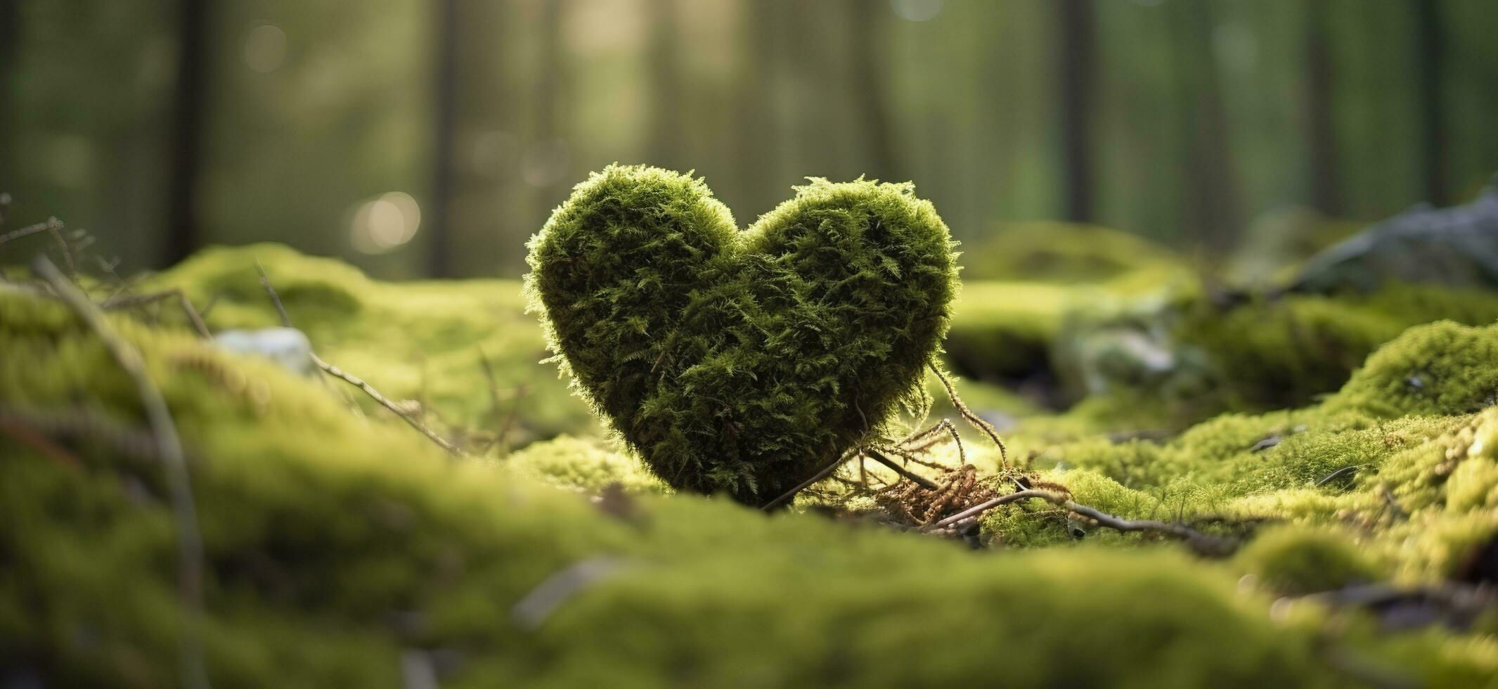 Closeup of wooden heart on moss. Natural burial grave in the woods. Generative AI photo