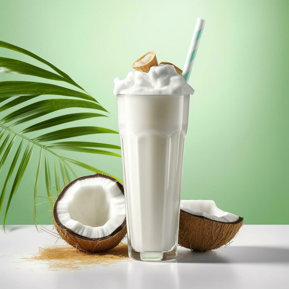 Coconut milk shake glass with fresh sliced coconut. Generative AI photo