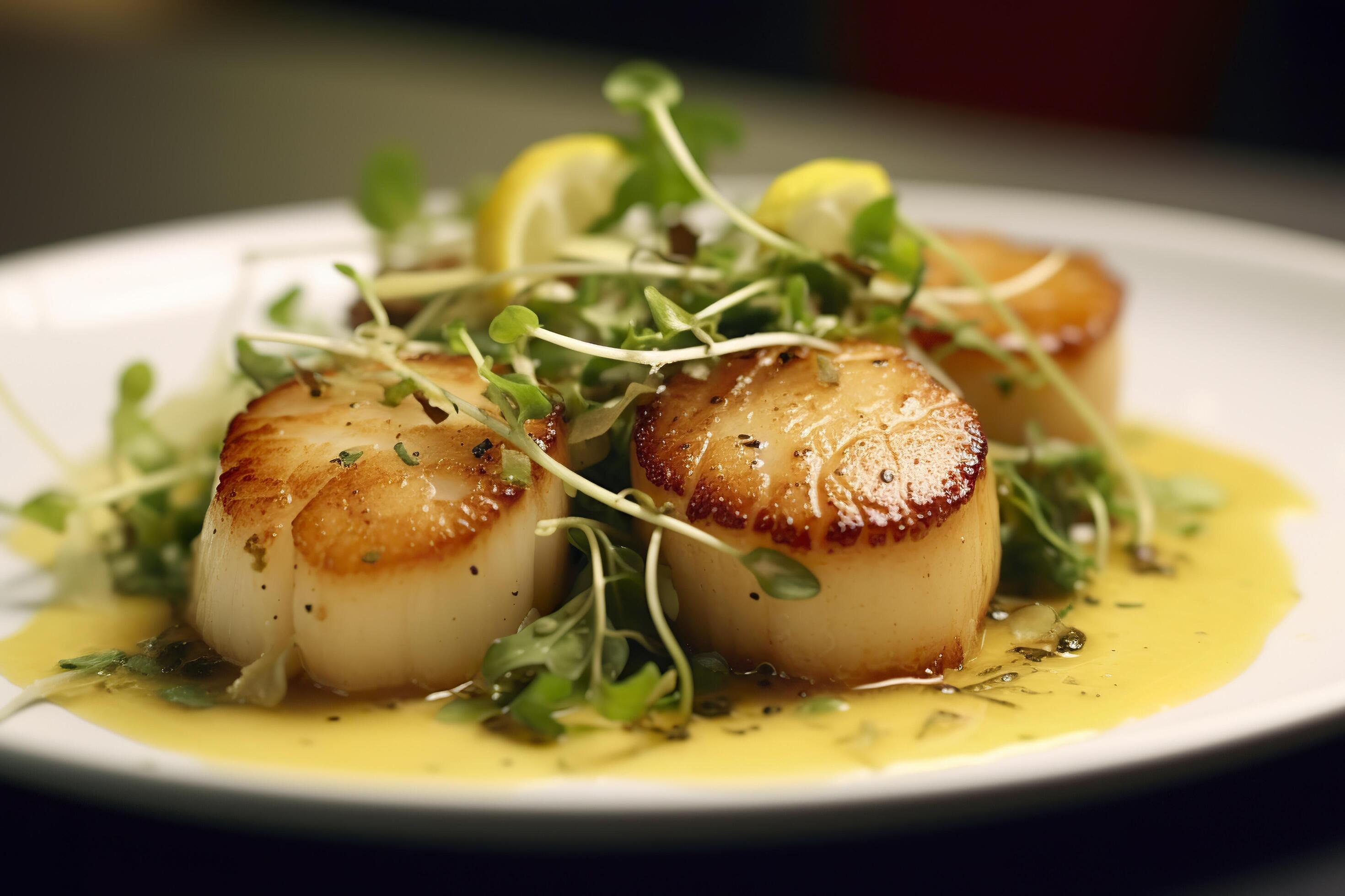 Closeup of pan seared diver scallops with lemon beurre blanc. Generative AI 33653110 Stock Photo