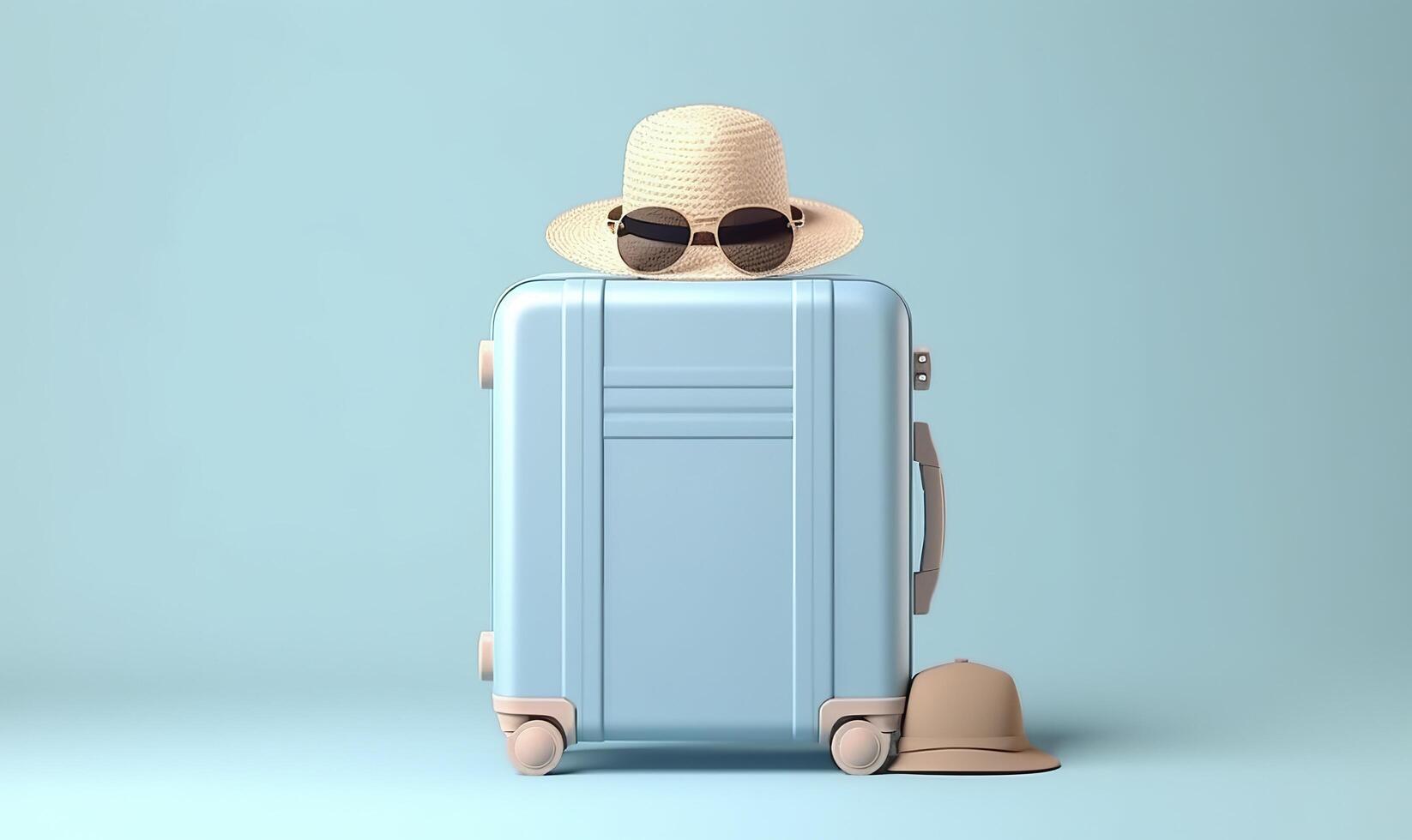 Blue suitcase with sunglasses on a pastel blue background. travel concept. Generative AI photo