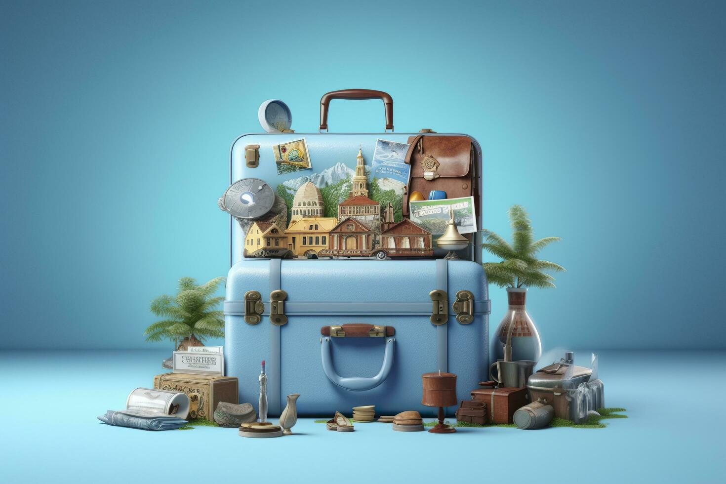 Blue suitcase full of landmarks and travel accessories on blue background. Generative AI photo