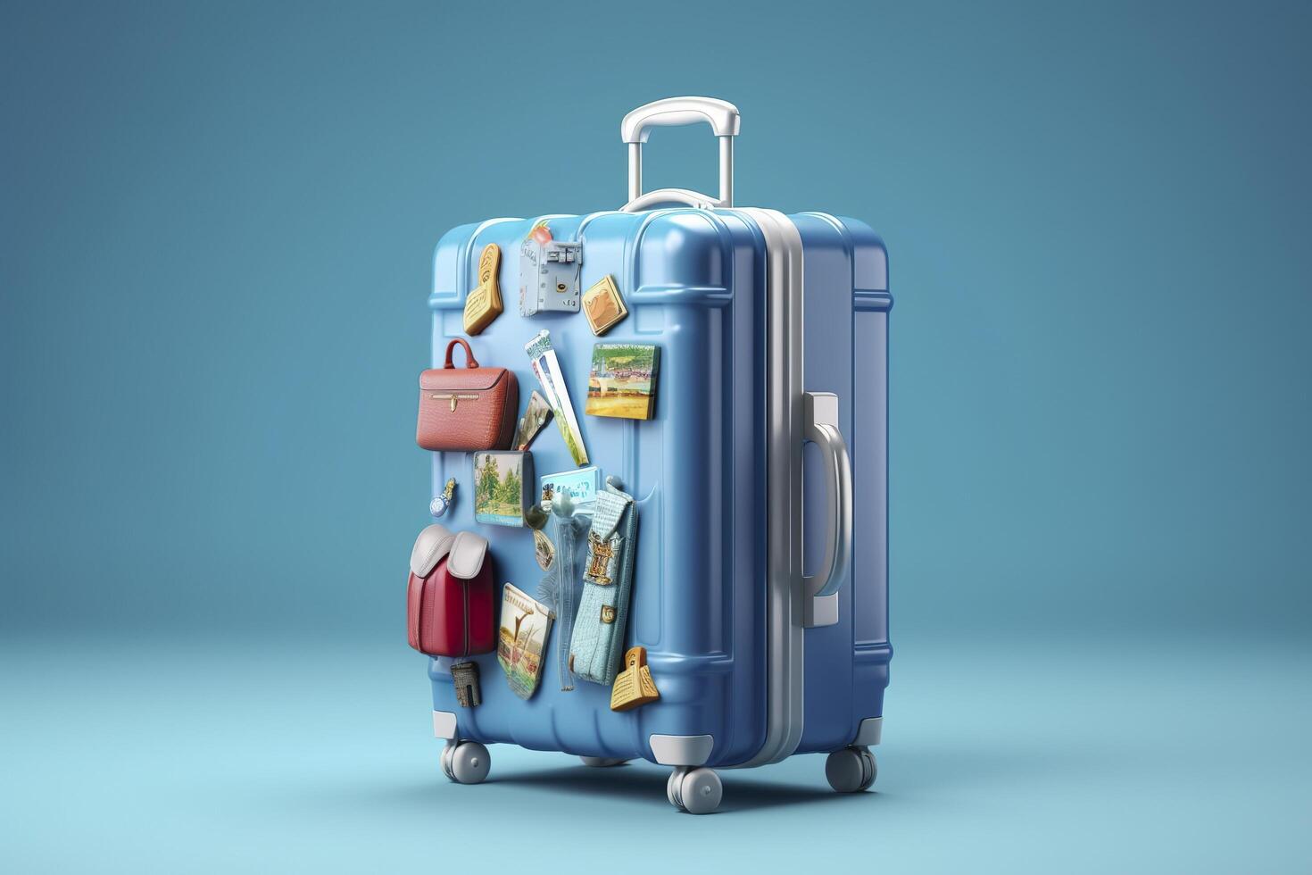 Blue suitcase full of landmarks and travel accessories on blue background. Generative AI photo