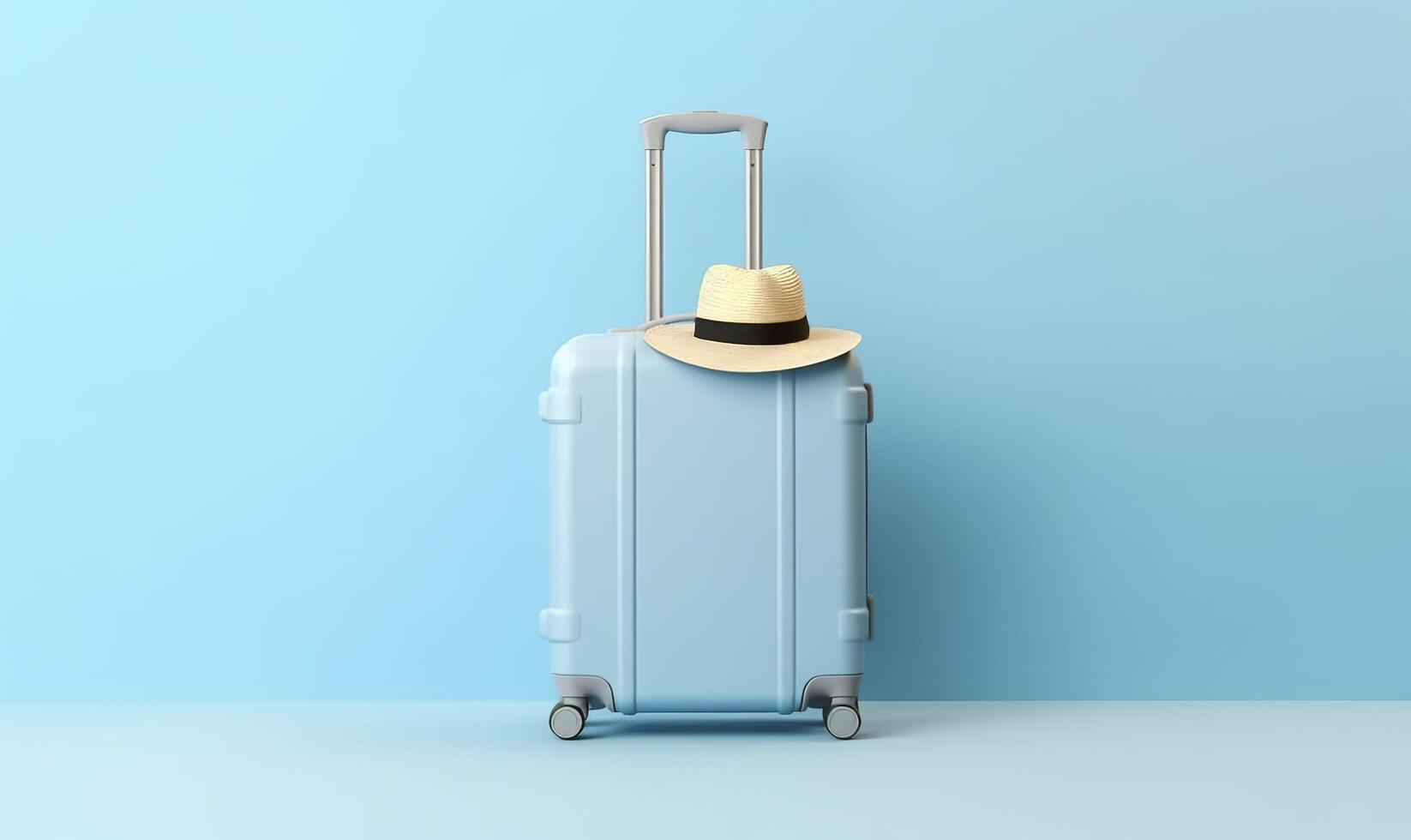 Blue suitcase with sunglasses on a pastel blue background. travel concept. Generative AI photo