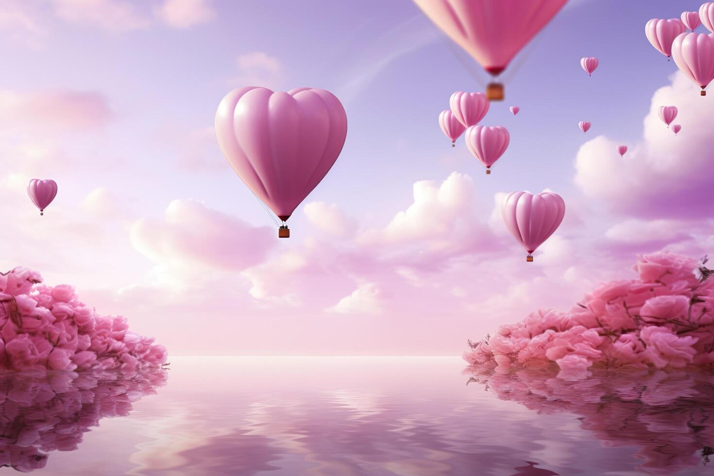 Bright pink ethereal cloudy landscape, hearts, roses, balloons, and wedding concept. Generative AI photo