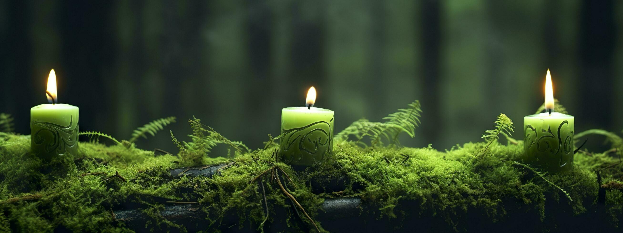 Burning candles on moss, dark green blurred the natural background. Magic candle. Generative AI photo