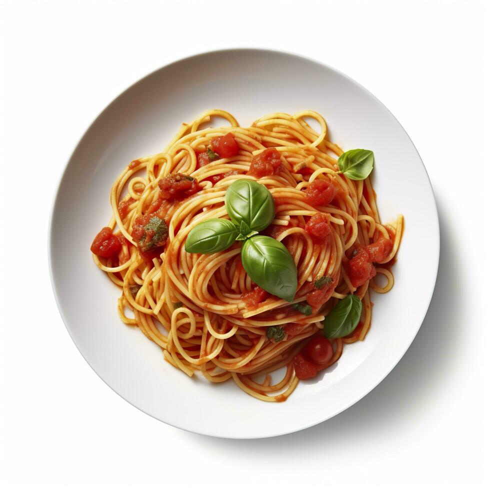 Delicious Plate of Spaghetti with Tomato Sauce on a White Background Generative AI photo