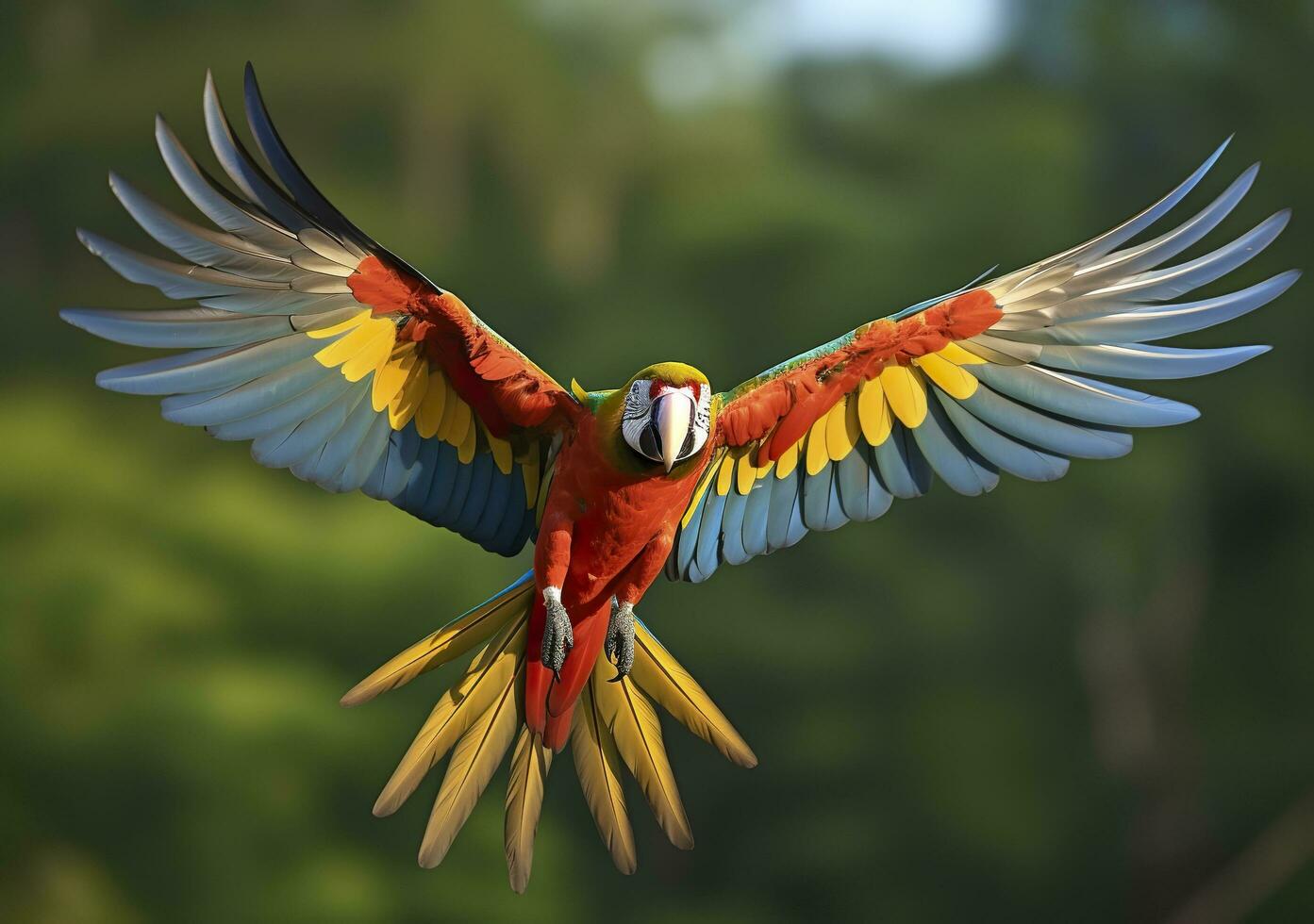 Flying macaw, beautiful bird. Generative AI photo