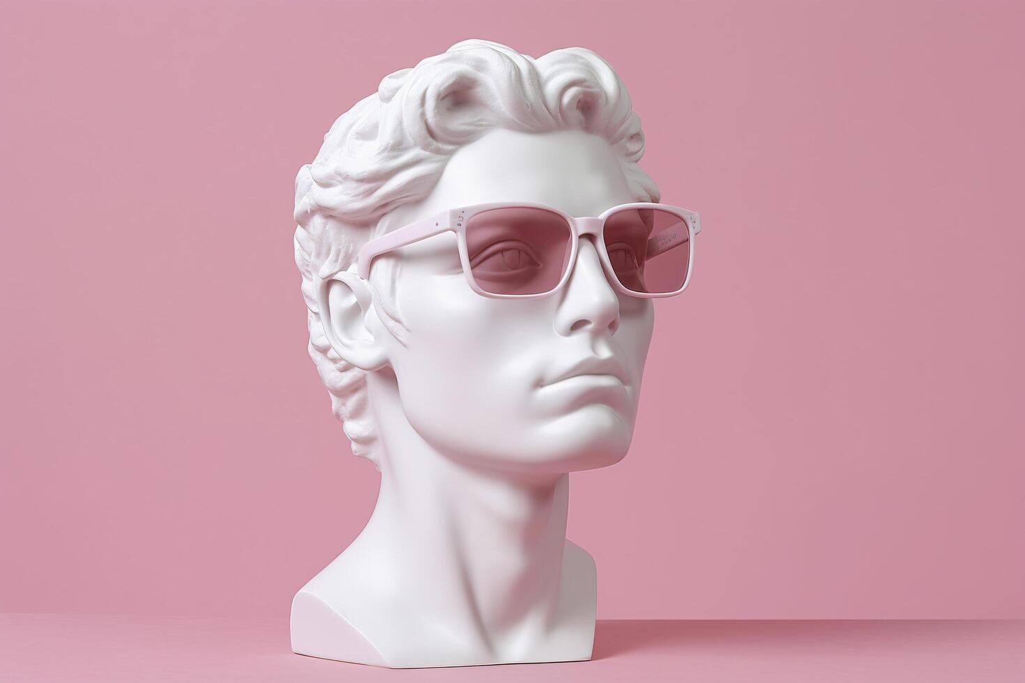 The head of a white mythological statue with fashionable pink glasses on his eyes, frame in profile. AI Generative photo