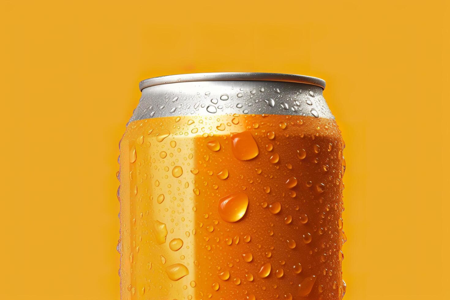 Can of fresh soda with water drops on orange background, closeup. Generative AI photo