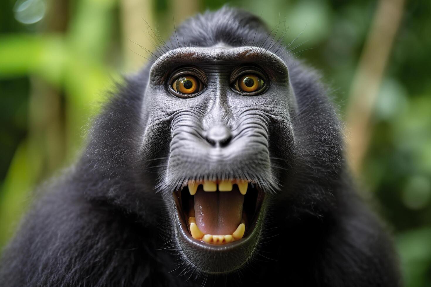 Celebes crested macaque with open mouth. Close up on the green natural background. Generative AI photo