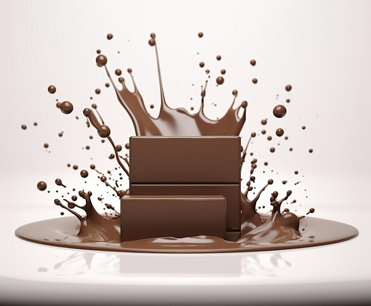 Chocolate splash with a podium, mockup background for milk product display, 3d. Generative AI photo