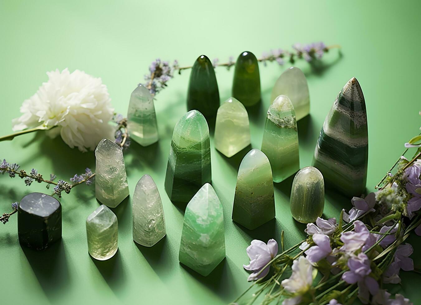 Crystal towers minerals set and white flowers on green abstract background. Generative AI photo