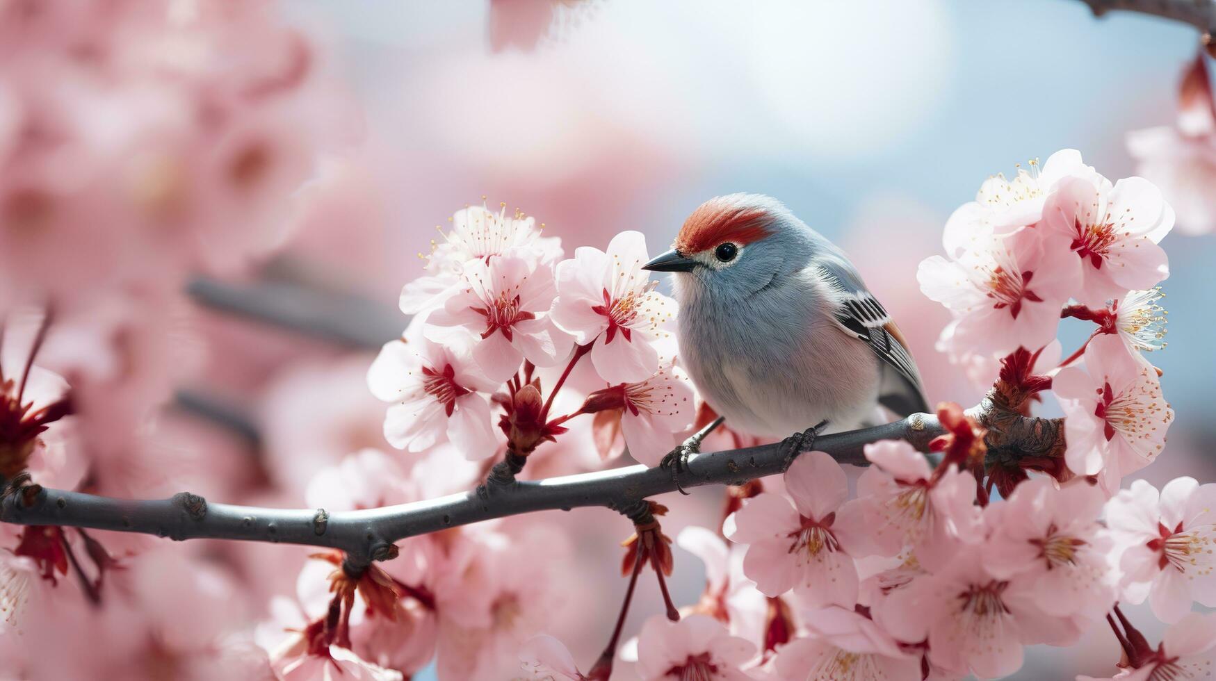 Birds sitting in a tree filled with cherry blossom flowers. Generative AI photo